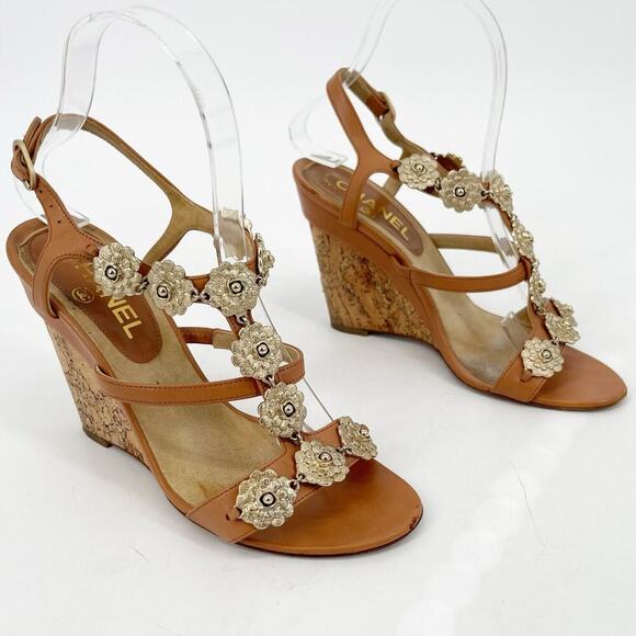 Chanel EU 37 2012 Cruise Tan Leather Camellia Flower T-Strap Cork Wedge Sandals - Picture 3 of 16